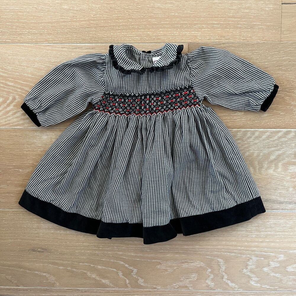 Petit Ami Houndstooth Smocked Pleated Long Sleeve Collared Baby Dress 3 mos
